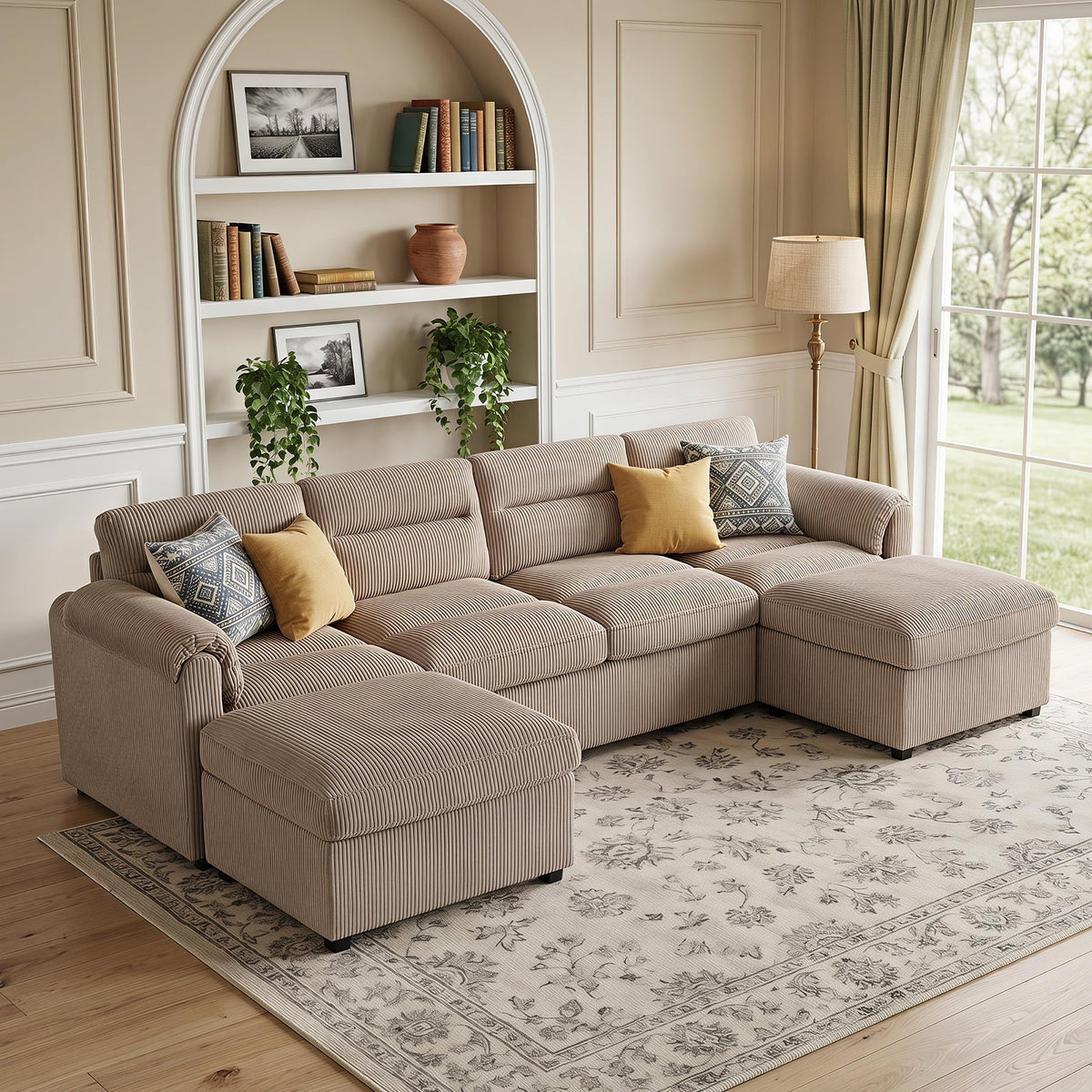  Modular Corduroy Sectional Sofa with Pull Out Sleeper, Convertible U-Shaped Couch, Free Combination Upholstered Sofa Bed for Living Room