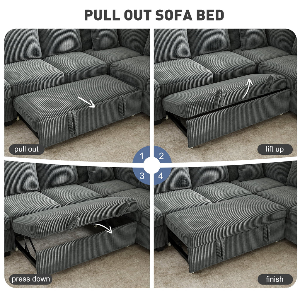  81" Sectional Sleeper Sofa With Pull Out Bed, Storage Ottoman & USB Charging, L Shape Modern Couch for Living Room, Corduroy Gray
