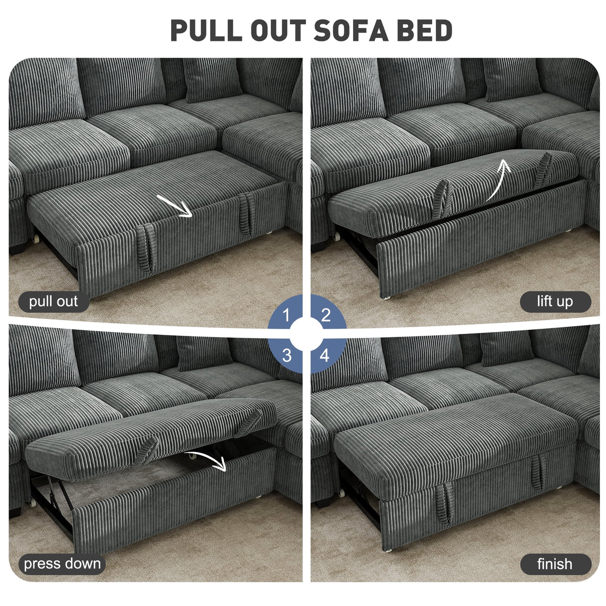  81" Sectional Sleeper Sofa With Pull Out Bed, Storage Ottoman & USB Charging, L Shape Modern Couch for Living Room, Corduroy Gray