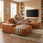  115" Leather Cloud Sectional Sofa Oversized Boneless Couch Modular L-Shaped Sofa for Living Room, Left Chaise, Brown