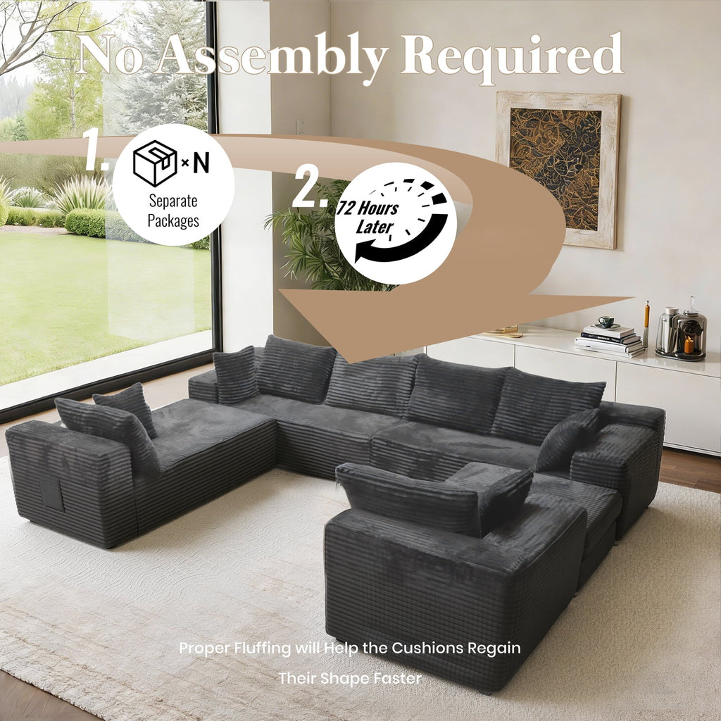 Kelyda 139'' U Shaped Sectional Couches, Modern Modular Boneless 8 Seater Large Foam Cloud Sofa Dark Grey