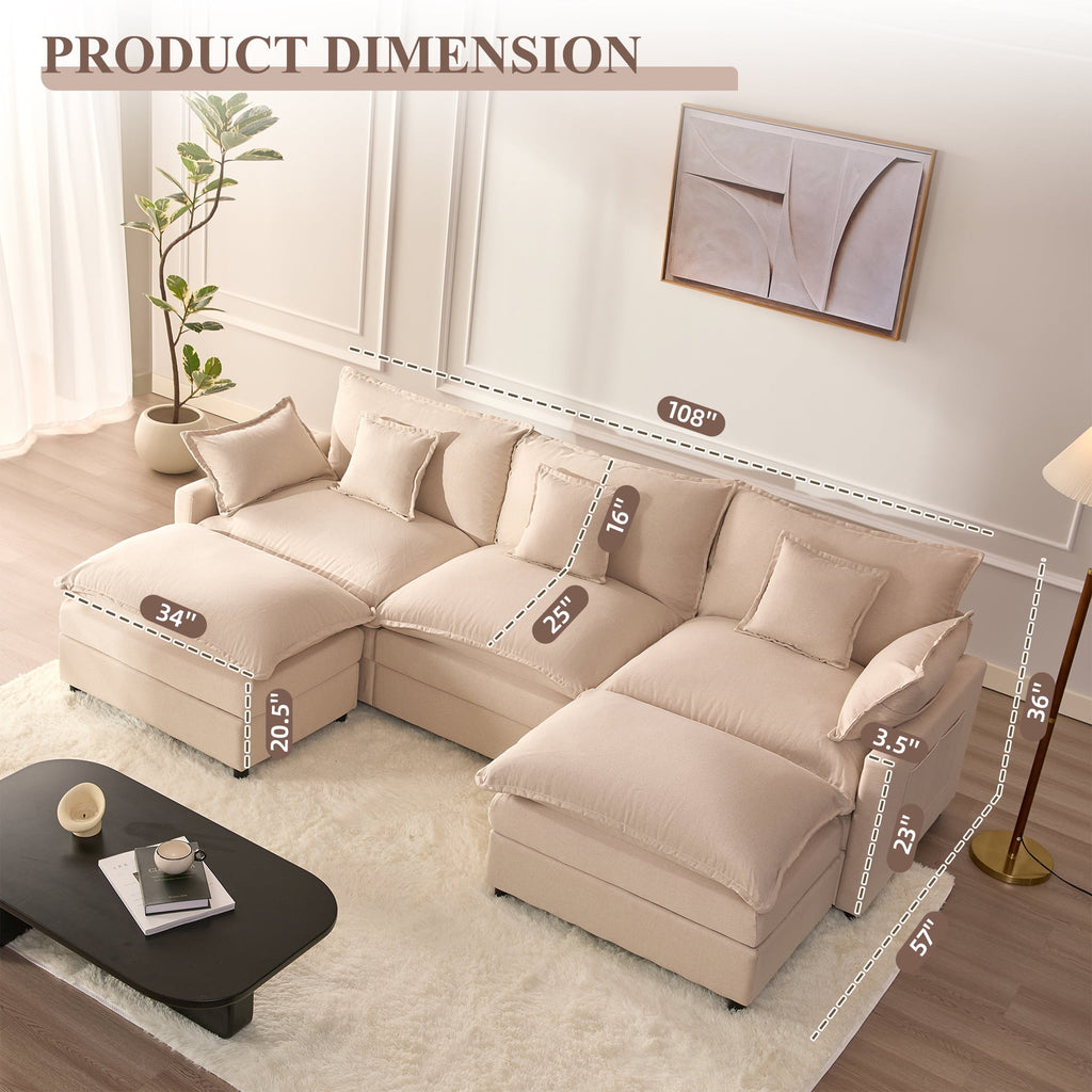  3-Seat Sectional Sofa Couch, Cloud-Style Deep Seating Sleeper Sofa with Included Throw Pillows, Linen Upholstery, Modern Living Room Sofa, Cream White