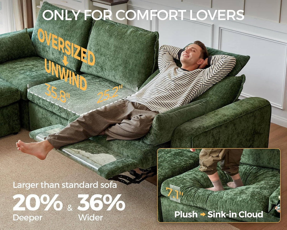 BEDEEP 125'' Power Recliner Sofa with Headrest, Modular Cloud Sectional Chenille Reclining Couch, Convertible 3-Seater Sofa Couch for Living Room RV, Green