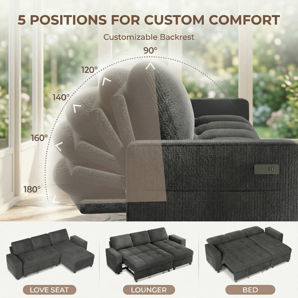 81" Sectional Sleeper Sofa Bed with Pull Out Couch, L-Shaped Chenille Fabric Sofa with USB Ports and Storage Chaise, Charcoal Gray