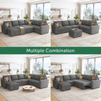 Marrber 7 Pieces Oversized Modular Sectional Sleeper Sofa with Pull-Out Bed and Storage Seats for Living Room, Linen Grey