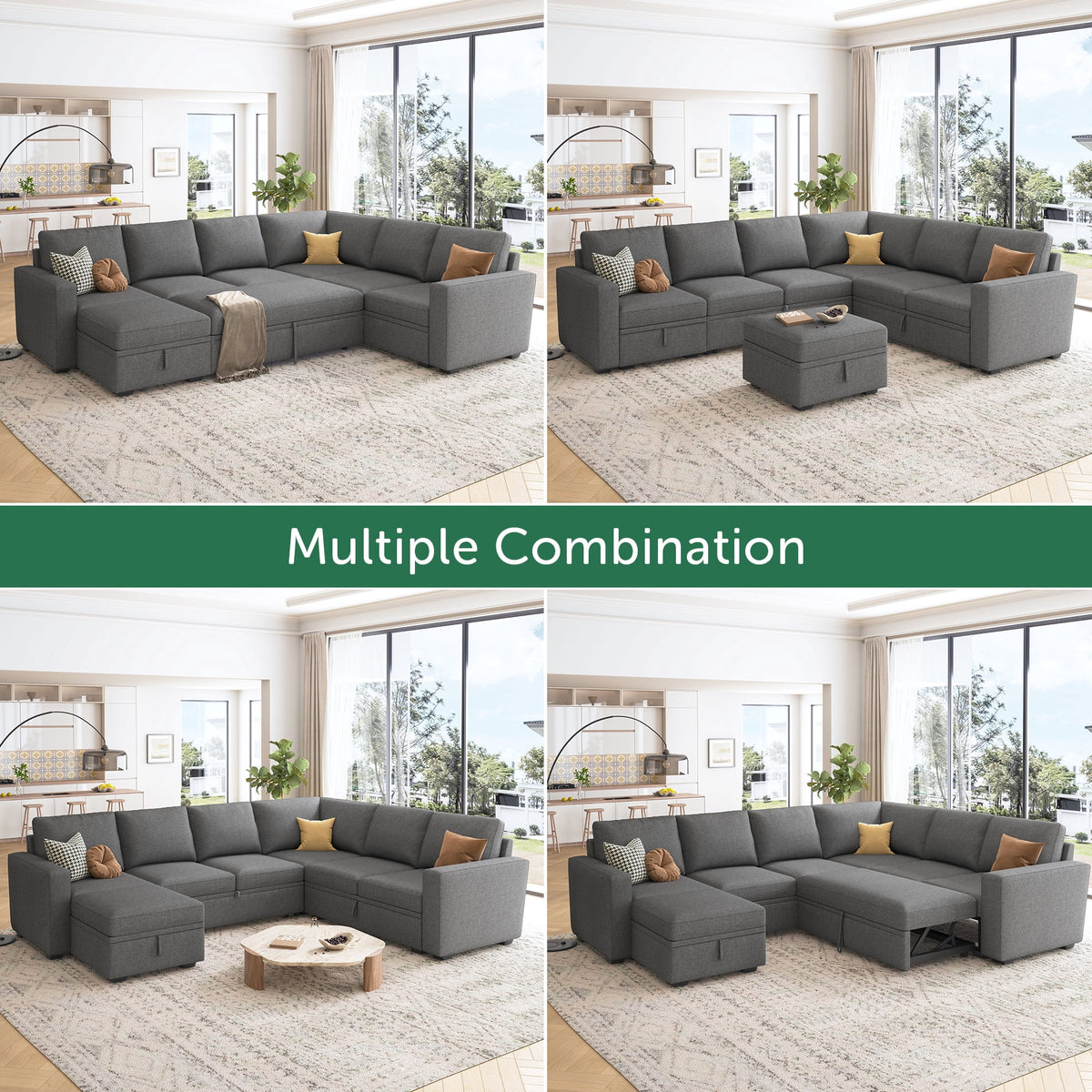 Marrber 7 Pieces Oversized Modular Sectional Sleeper Sofa with Pull-Out Bed and Storage Seats for Living Room, Linen Grey