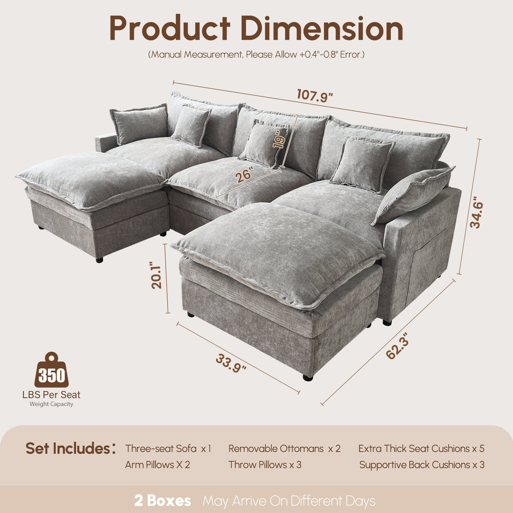 108" Modular Sofa U-Shaped Cloud Sectional Couch with 2 Ottomans, Comfy Deep Seat Chenille Sofa for Living Room, Apartment, Gray