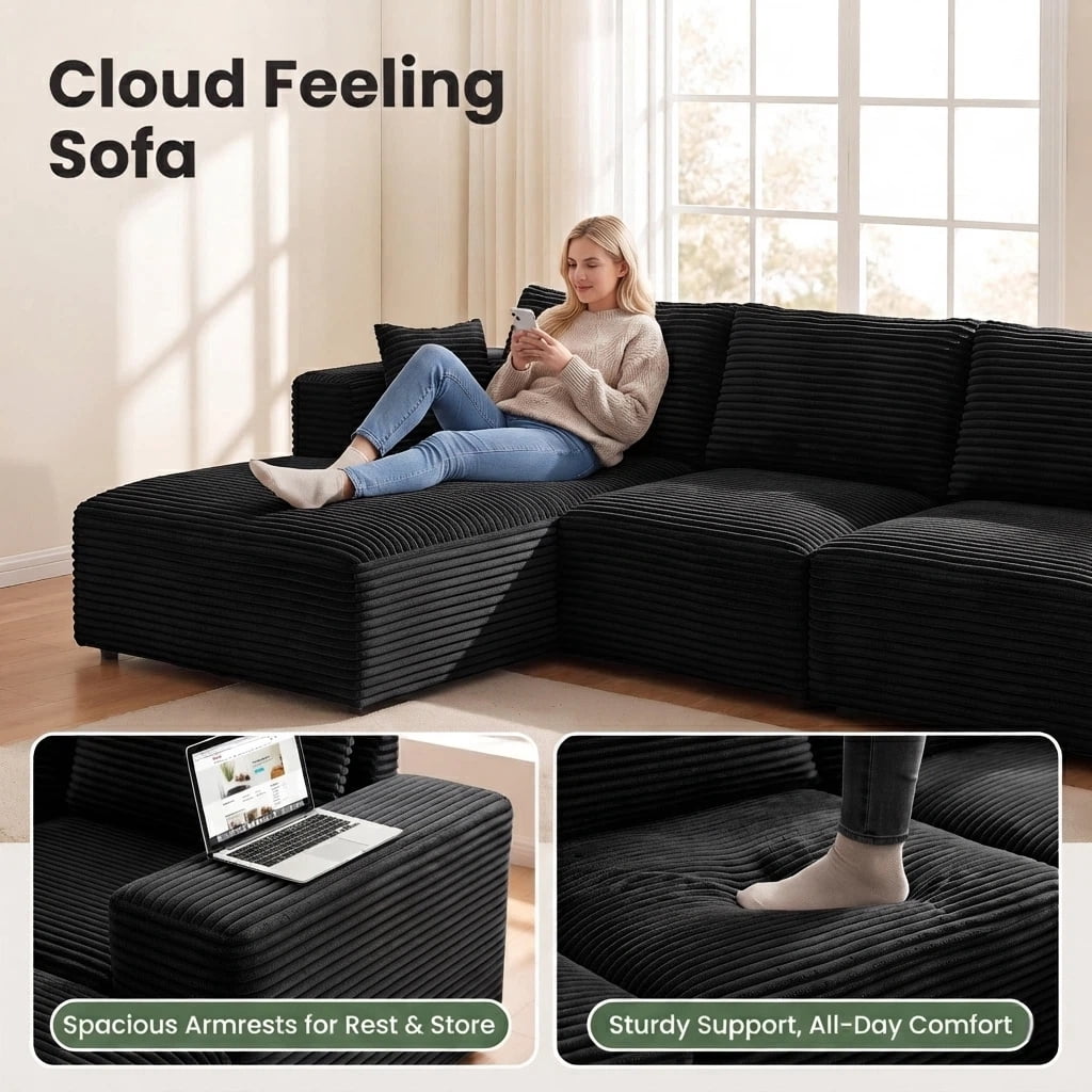 U-Shape Sectional Sofa, 135'' Modular Sectional Couch with Chaise Lounge, Couch Comfy Corduroy Floor Sofa for Living Room, Corduroy Upholstered 4-Seater Sofa with Pillow Back and Square Arms,