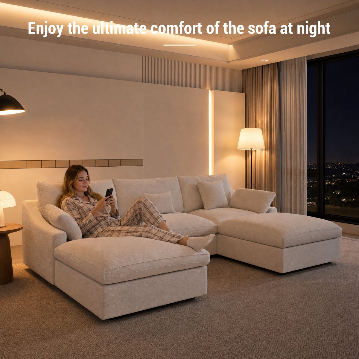 160" Cloud Couch Sectional for Living Room, Down Filled 4 Seater, Convertible Sofa Couch, White