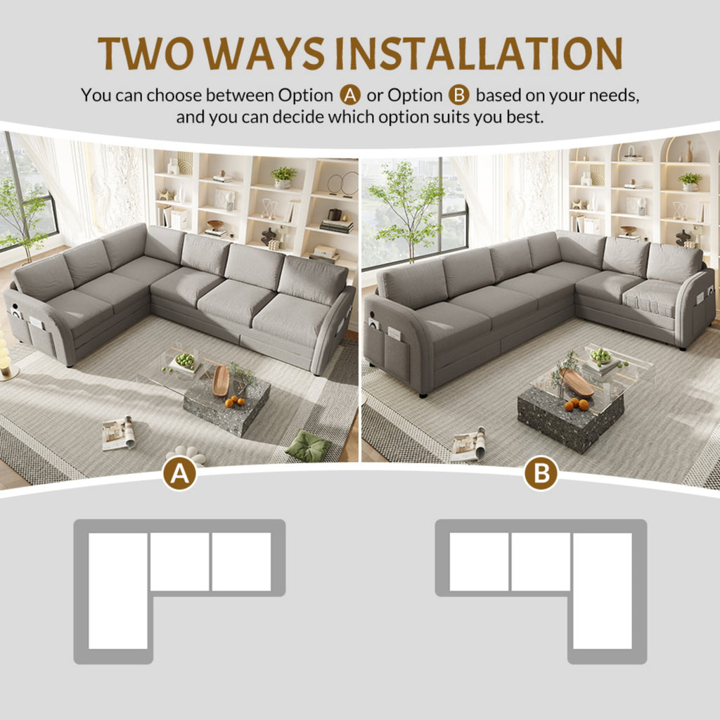  Sectional Sofa, 115" Sectional Couch with Pull Out Sofa Bed King Size, 6 Seat Sofa Convertible Sofa Bed for Living Room Light Gray