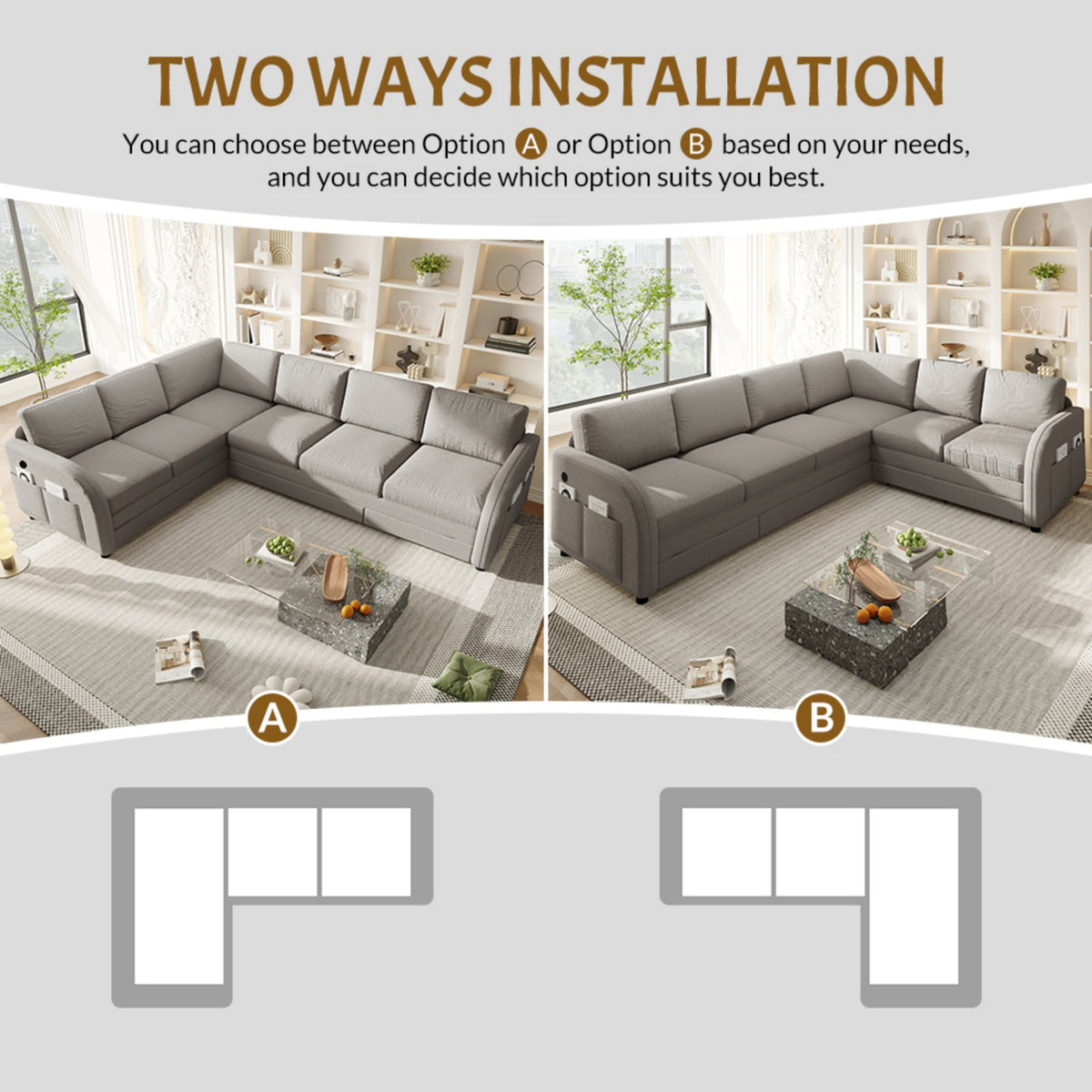  Sectional Sofa, 115" Sectional Couch with Pull Out Sofa Bed King Size, 6 Seat Sofa Convertible Sofa Bed for Living Room Light Gray