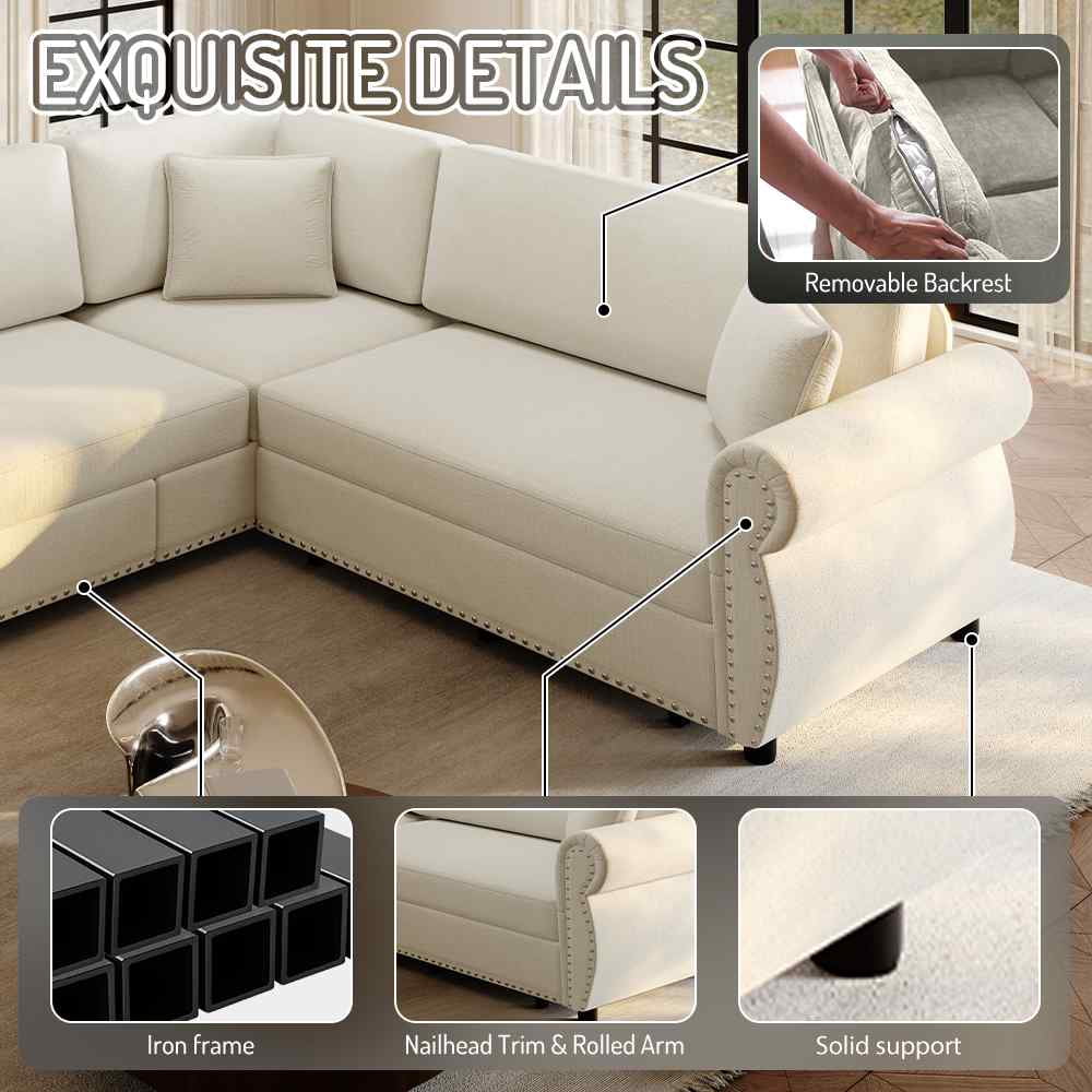 FFH 88.2" Sectional Sofa with Pull Out Bed, Convertible Sleeper Sofa, 5 Seater Chenille Couch for Living Room, Beige