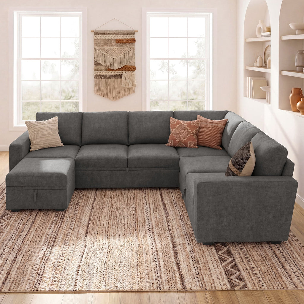 Marrber 7 Pieces Oversized Modular Sectional Sleeper Sofa with Pull-Out Bed and Storage Seats for Living Room, Linen Grey
