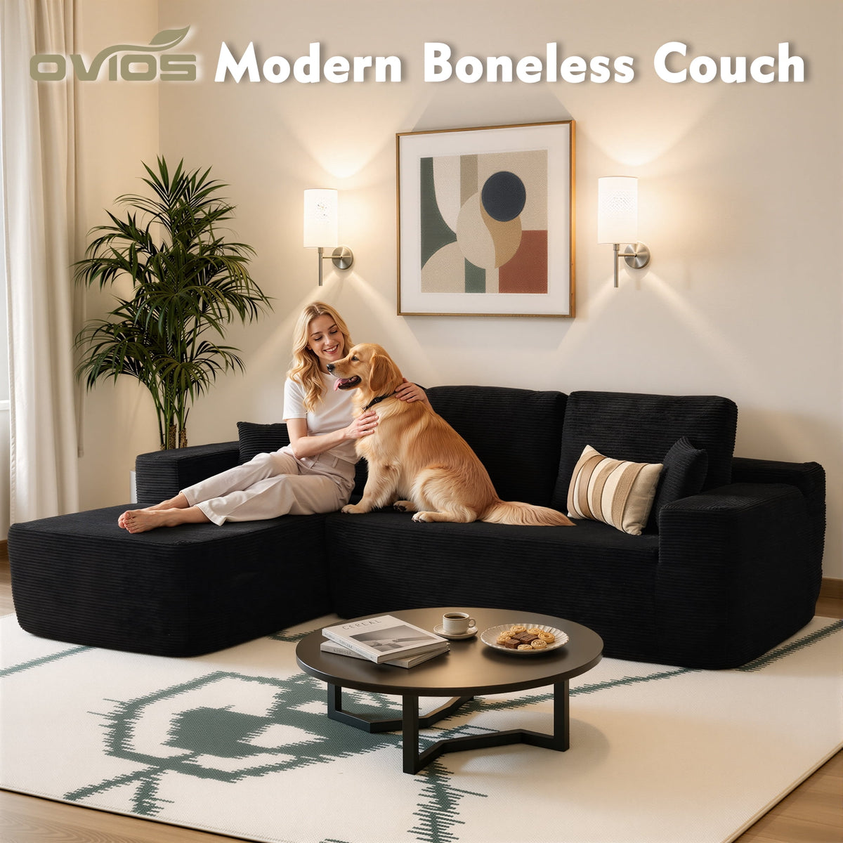  106" Boneless Sectional Couch, Deep Seat Modular L-Shaped Sofa with Chaise for Living Room, Apartment, Black (Corduroy)