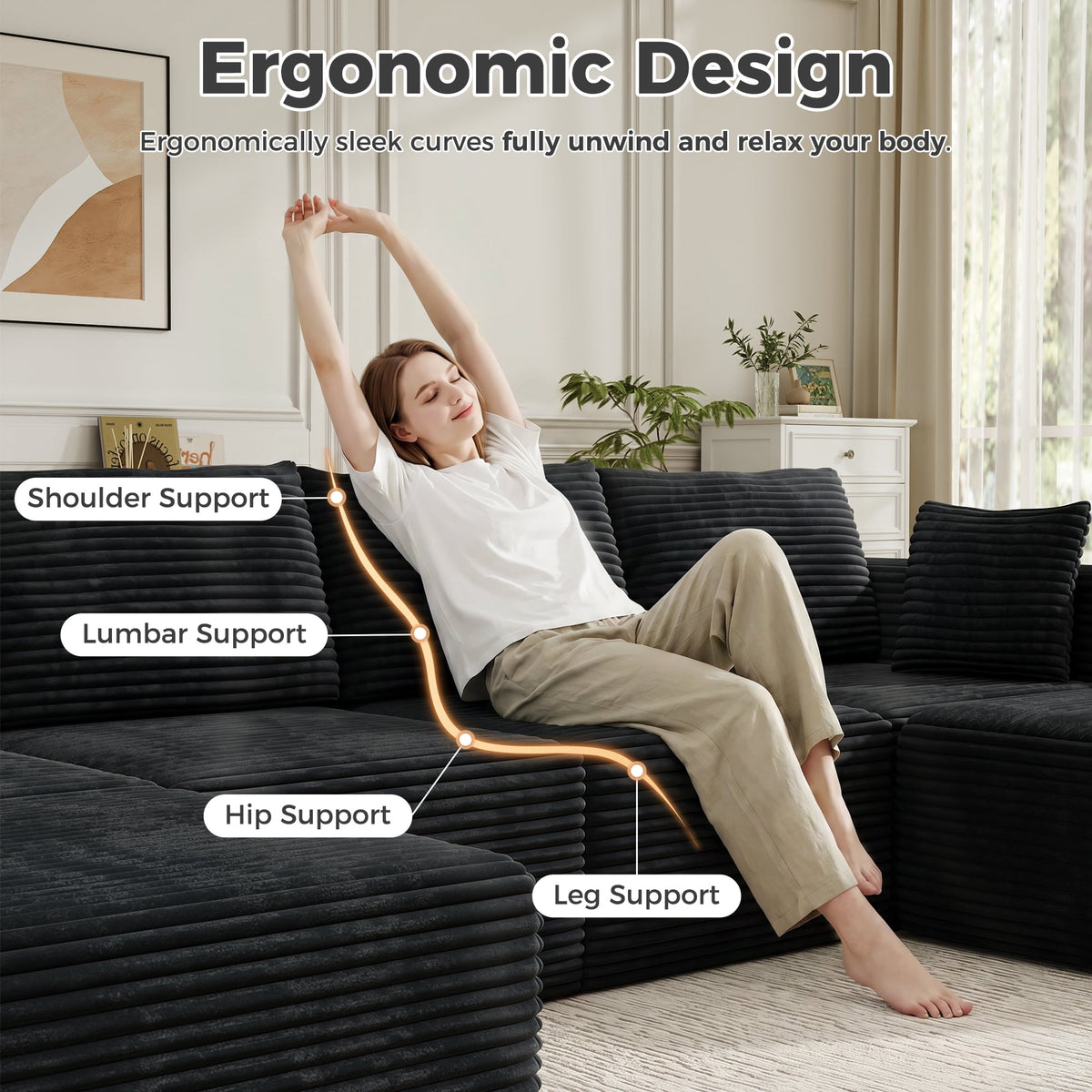 137" U-Shaped Sectional Sofa with Chaise, Modular Cloud Sectional Couch with Deep Seat for Living Room, Modern Boneless Couch with Back Cushion, Pillow, Ottoman, No Assembly Required, Corduroy Fabric