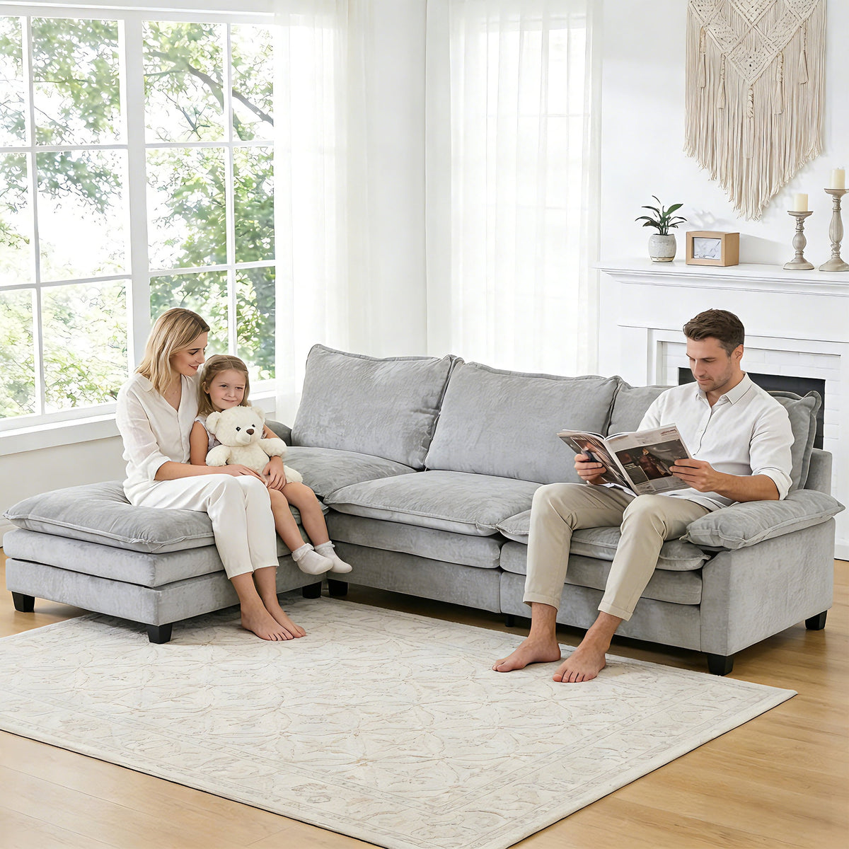  122" W L Shaped Sectional Sofa, Modern Chenille Deep Seat Cloud Couch with Movable Chaise, Plush Living Room Couches for Apartment, 3-Seater Light Gray