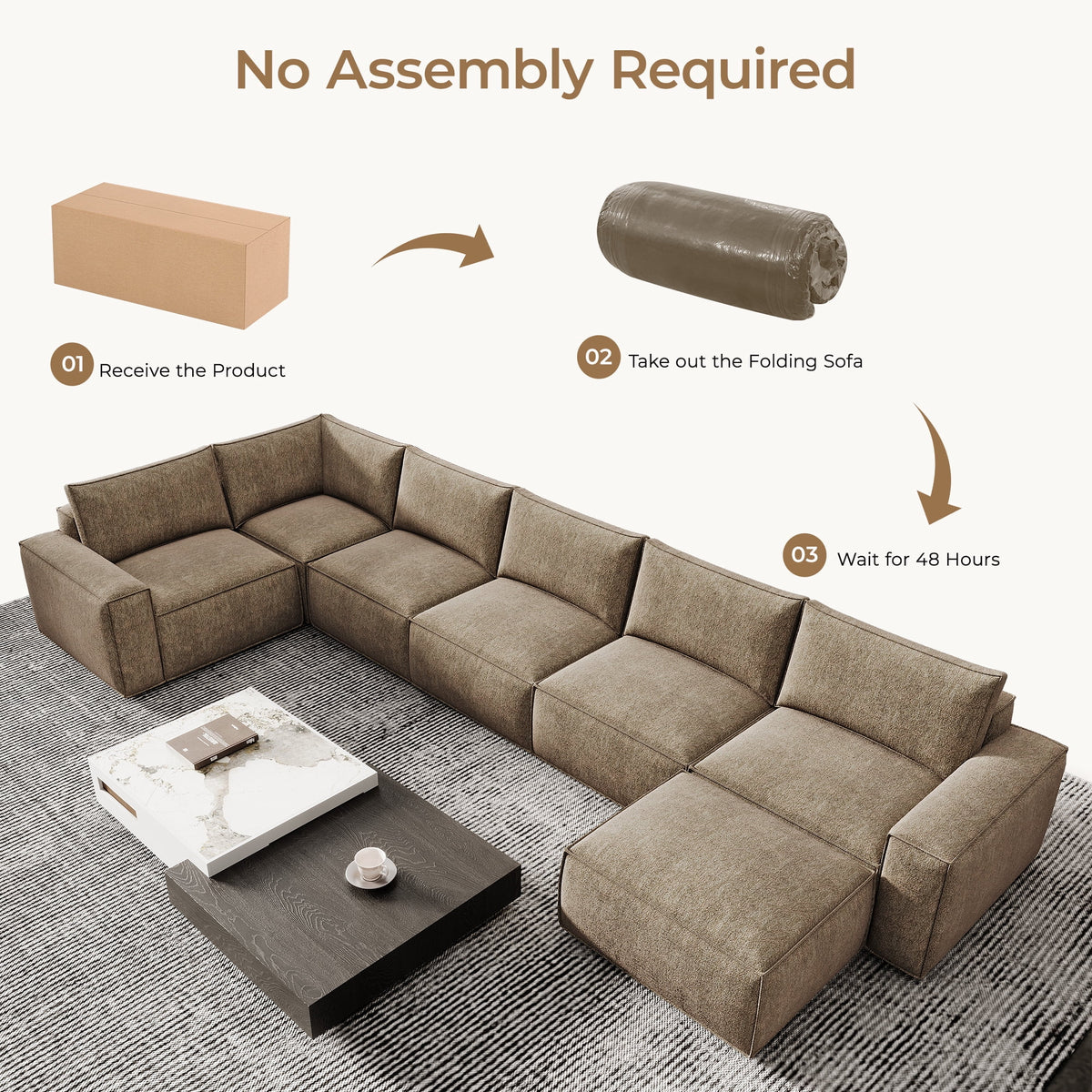 175" Oversized Boneless Couch for Living Room, Modern Modular Sectional, Convertible, U Shaped, Deep Seat, Big Comfy Sofa Set with Ottoman,Brown