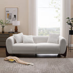 Morden Fort 87" W Cloud White Sofa Boucle Sherpa Couch, Upholstered Comfy Couch with Crescent Wood Legs and 3 Matching Pillows