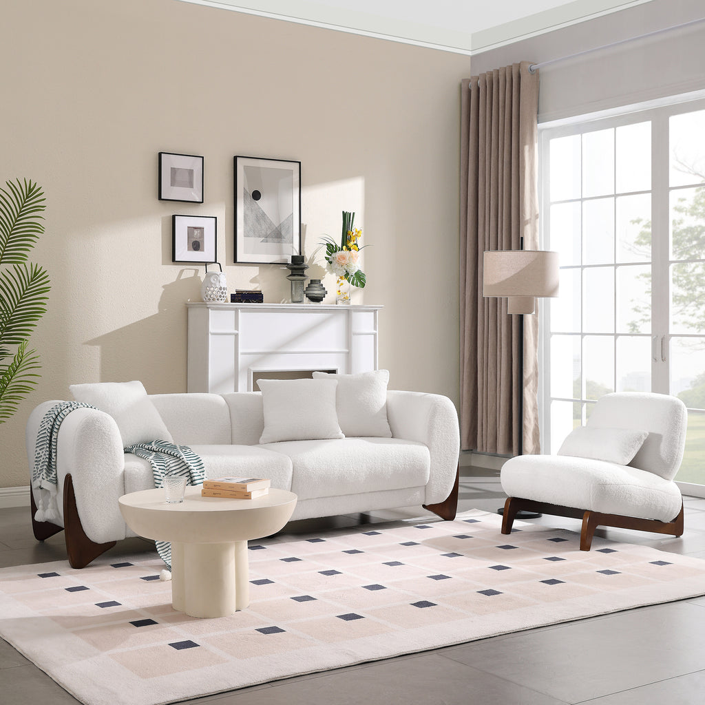 Morden Fort 87" W Cloud White Sofa Boucle Sherpa Couch, Upholstered Comfy Couch with Crescent Wood Legs and 3 Matching Pillows