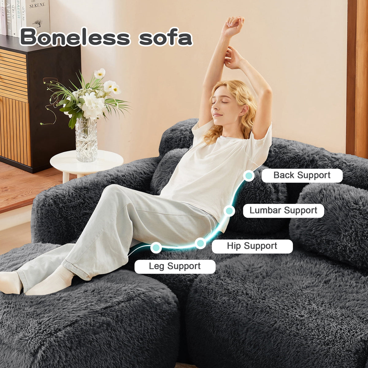 Homefun 114" L-Shaped Plush Sectional Sofa with Movable Ottoman No Assembly 32D Sponge Anti-Slip Bottom,Dark Grey