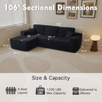  106" Boneless Sectional Couch, Deep Seat Modular L-Shaped Sofa with Chaise for Living Room, Apartment, Black (Corduroy)