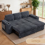 85" Modular Sectional Sleeper Sofa with Pull Out Bed, 3 Seat Plush L Shaped Couch with Storage Chaise|USB Ports|Cup Holders|Side Table|Storage Armrests, Tool Free Assembly, Corduroy Fabric Dark Gray