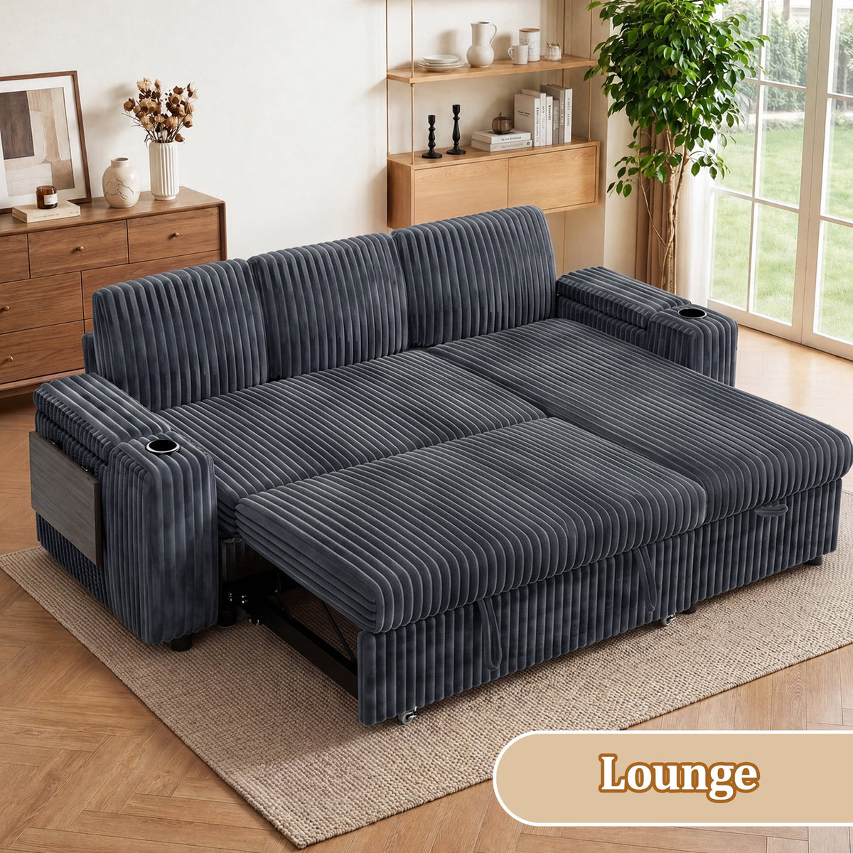 85" Modular Sectional Sleeper Sofa with Pull Out Bed, 3 Seat Plush L Shaped Couch with Storage Chaise|USB Ports|Cup Holders|Side Table|Storage Armrests, Tool Free Assembly, Corduroy Fabric Dark Gray