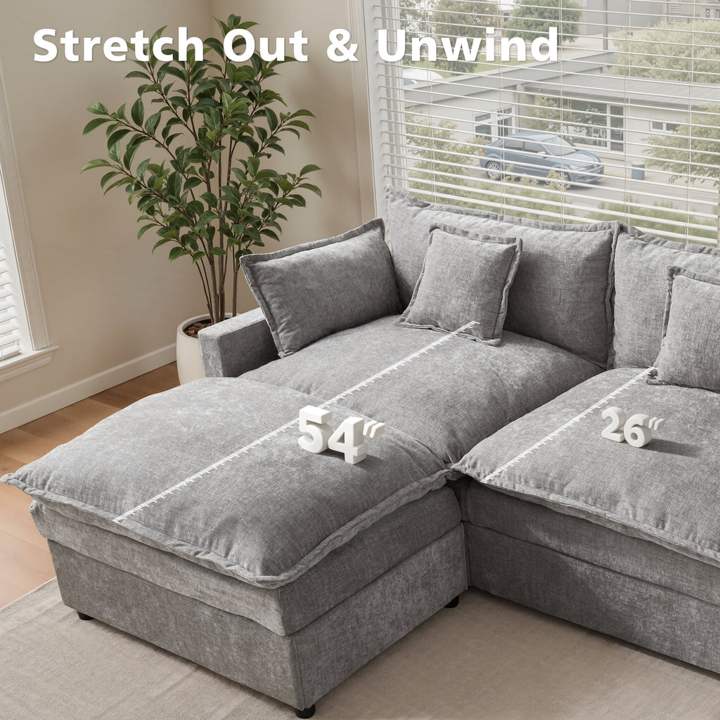  108" Modular Sofa U-Shaped Cloud Sectional Couch with 2 Ottomans, Comfy Deep Seat Chenille Sofa for Living Room, Apartment, Gray