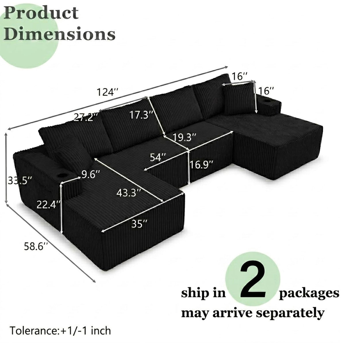  124 Inch U Shaped Modular Sectional Sofa, Modern Corduroy Boneless Sofa for Living Room, Upholstered Deep Seat Cloud Sofas Couches, No Assembly Required, Black