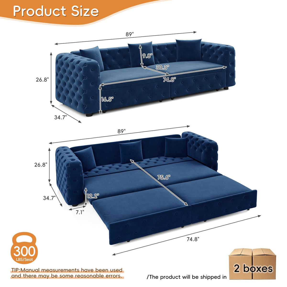  Pull Out Sofa Bed King Size, 89" Chesterfield Sofa Couch Convertible Sofa Bed, Velvet Loveseat Sofa with Tufted Design for Living Room Blue