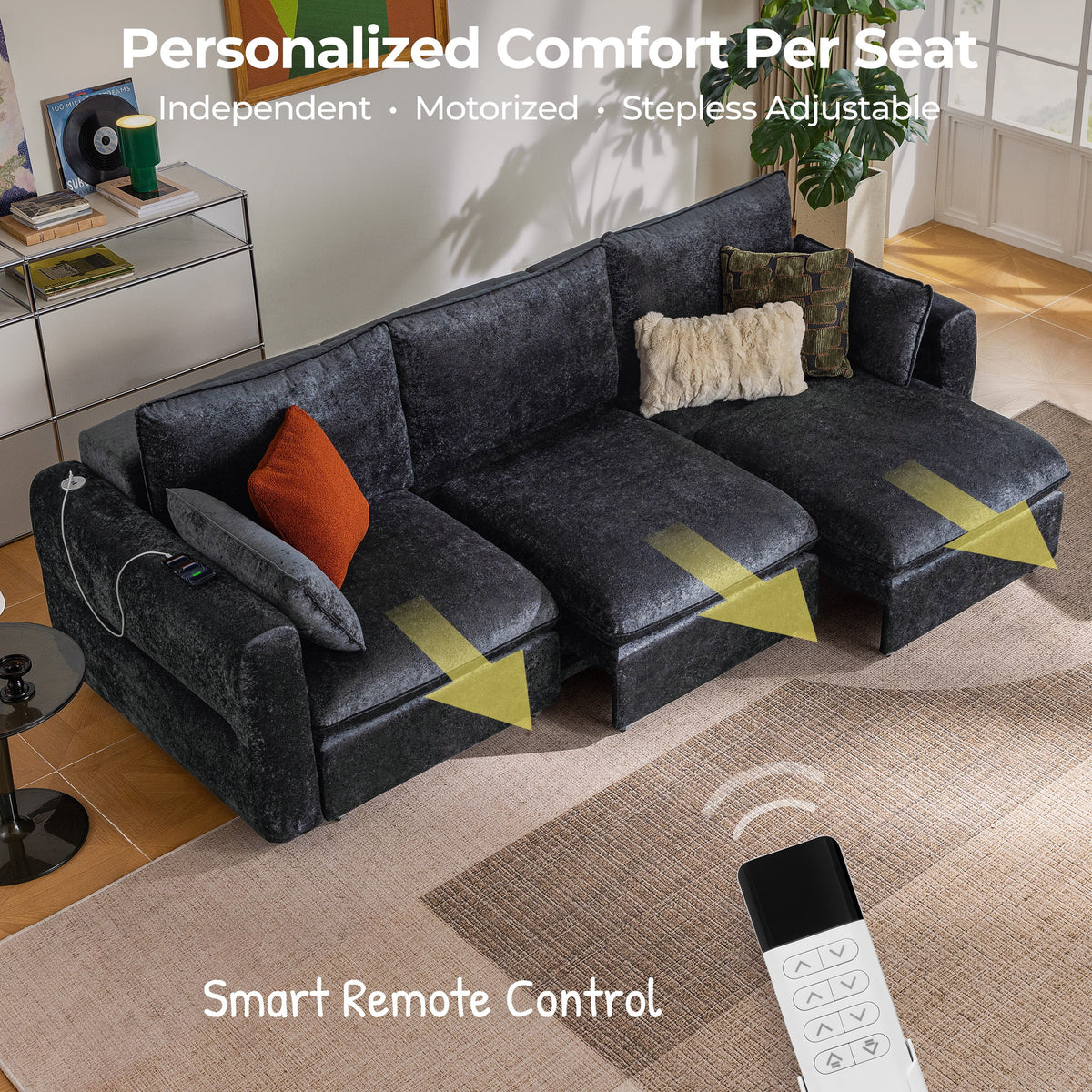 CHIC HOUSE 104" Electric Extendable Sofa Bed with Triple Motor, Convertible Smart Power Reclining Sleeper Sofa Deep Seat 3-Seat Couch with Solid Wood Frame in Velvet, Black