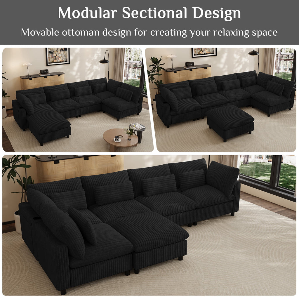 Wiilayok 130" Corduroy U-Shaped Modular Sectional Sofa 6-Seat Cloud Fluffy Couch Set for Living Room with Ottoman, USB Port, Cup Holder, Storage, Black