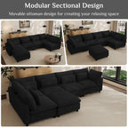 Wiilayok 130" Corduroy U-Shaped Modular Sectional Sofa 6-Seat Cloud Fluffy Couch Set for Living Room with Ottoman, USB Port, Cup Holder, Storage, Black