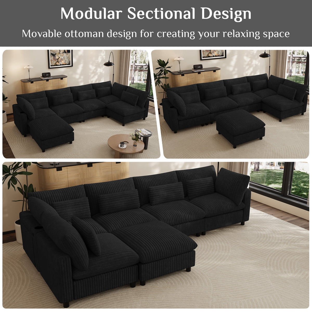 Wiilayok 130" Corduroy U-Shaped Modular Sectional Sofa 6-Seat Cloud Fluffy Couch Set for Living Room with Ottoman, USB Port, Cup Holder, Storage, Black