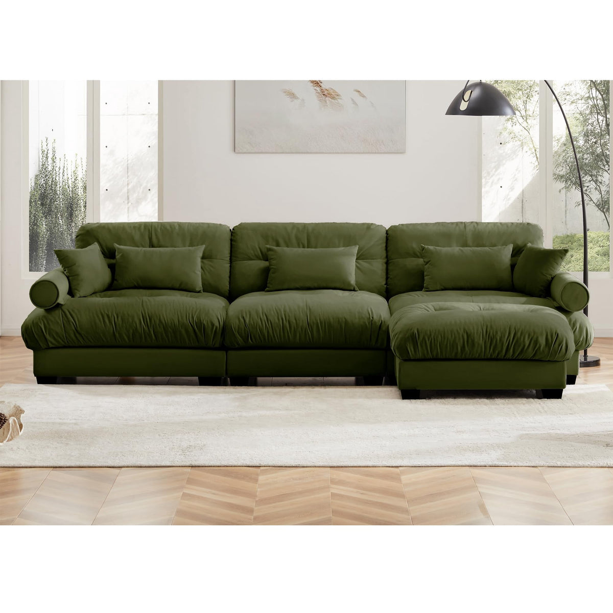 Oversized Modular Velvet Sectional Sofa with Movable Ottoman - Olive Green, Deep Seat Cloud Couch for Living Room