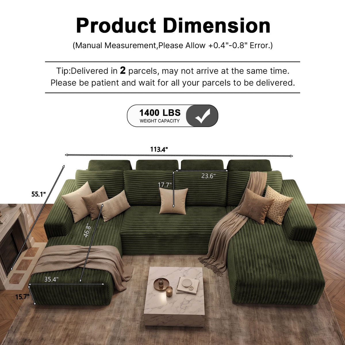 Garaneeds 113" Oversized U Shaped Sectional Sofa for Living Room, Modular Boneless Cloud Couch with Chaise, Corduroy Deep Seat Sofa, High Back Support, No Assembly Required, Green
