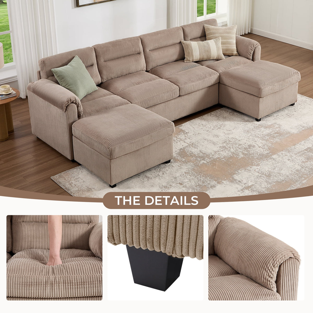  Modular Corduroy Sectional Sofa with Pull Out Sleeper, Convertible U-Shaped Couch, Free Combination Upholstered Sofa Bed for Living Room