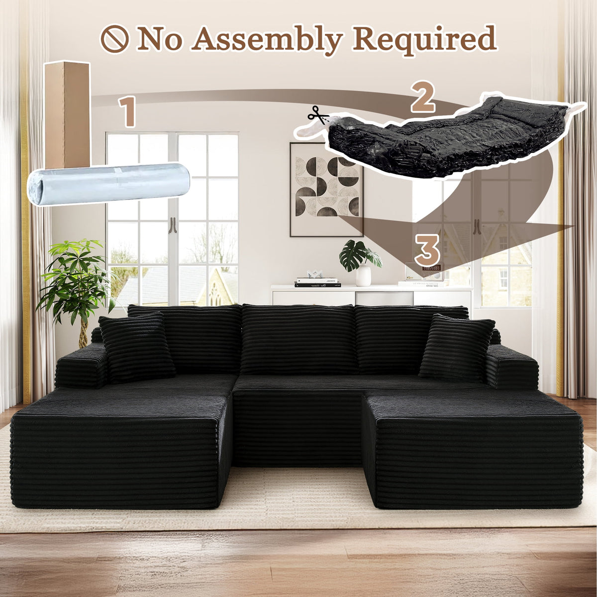 Muumblus Modular Sectional Sofa, Oversized U-Shape Cloud Couch, Modern Corduroy Sleeper Couches for Living Room, No Assembly Required, Black (Right Facing Chaise)