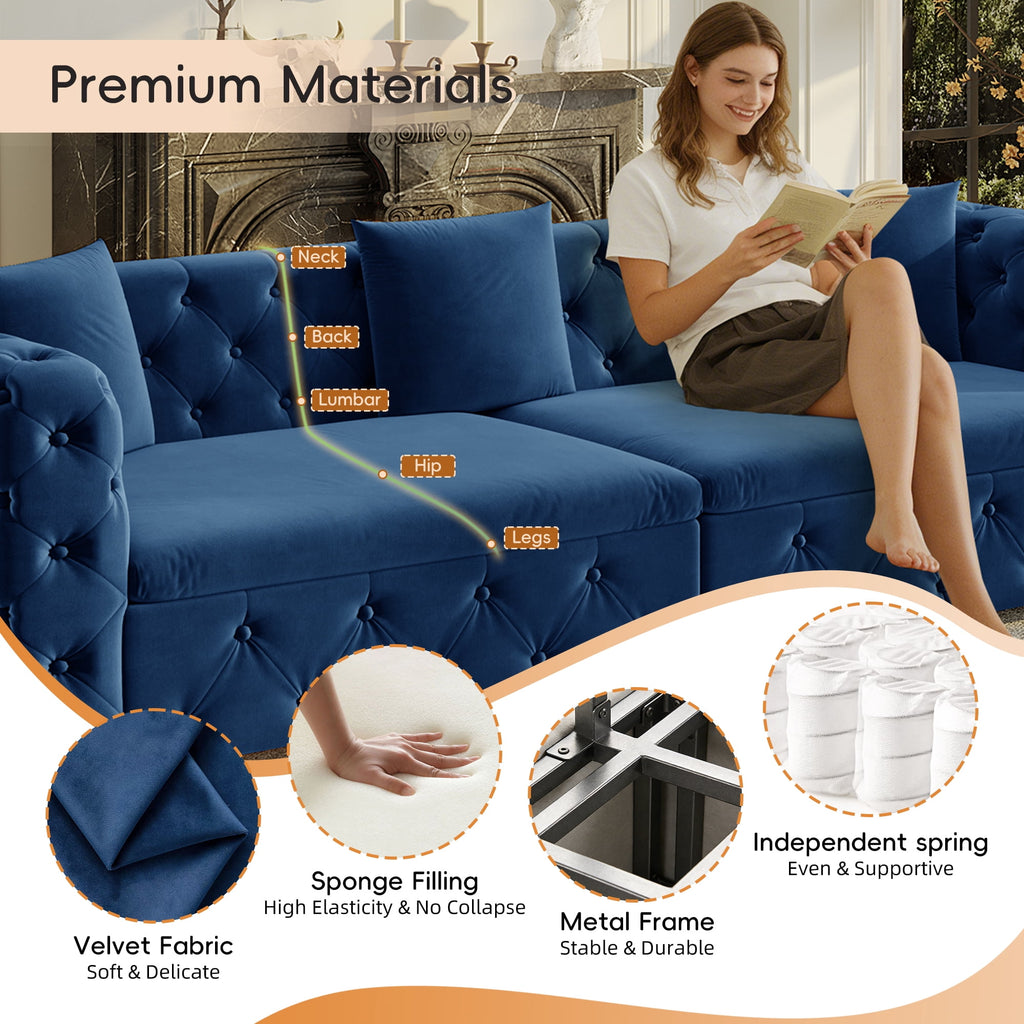  Pull Out Sofa Bed King Size, 89" Chesterfield Sofa Couch Convertible Sofa Bed, Velvet Loveseat Sofa with Tufted Design for Living Room Blue
