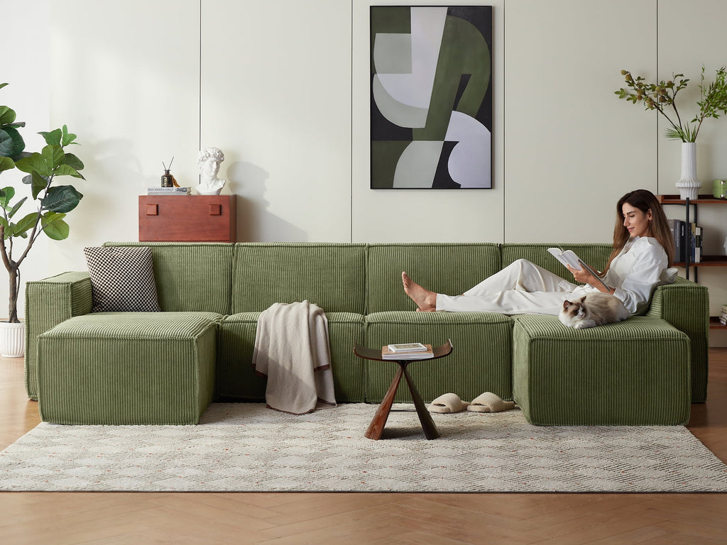  133.4" Modular Cloud Sectional Sofa for Living Room, U-Shaped Sofa Couch with Corduroy Fabric, 4 Seat Oversized Sofa with Movable 2 Ottomans, Green