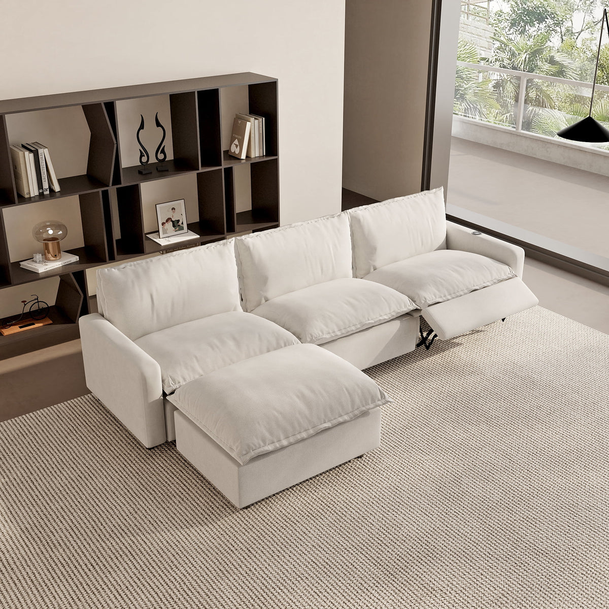 Sdorens Oversized Modular Sectional Sofa with Power Recliner,Cloud Heated Seat Reclining Couch,Charging Cup Holders,Deep L-Shaped 3 Seater with Ottoman,Beige