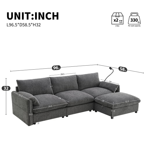 EPOWP L-Shaped Modular Sectional Sofa, Chenille Cloud Couch with Storage Ottoman, USB Charging Ports & Adjustable Phone Holder, 96.5" Deep Seat Comfy Couch for Apartment, Living Room, Office