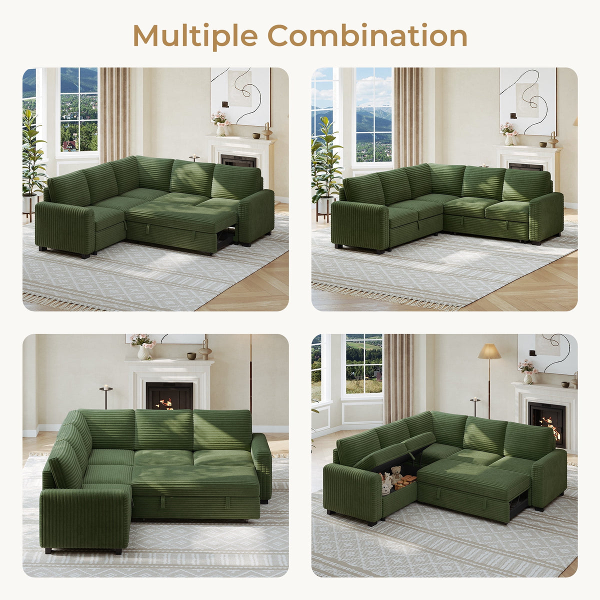  Sectional Sofa with Storage Seat L Shaped Couch with Reversible Chaise Convertible Sectional Couches for Living Room, Green