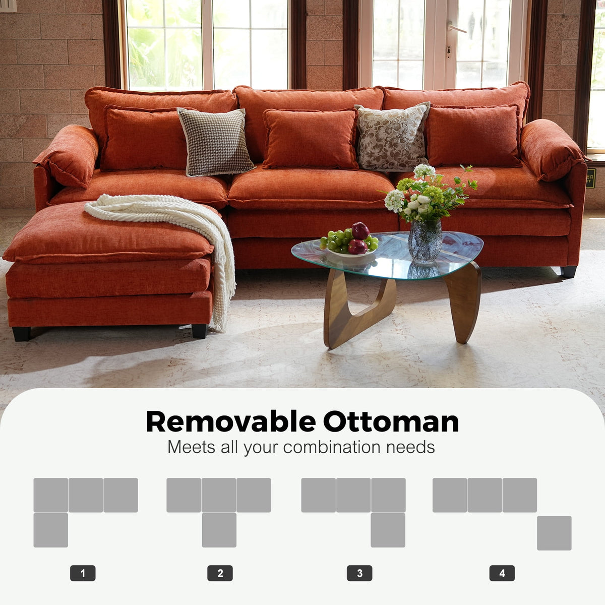 WACASA 120" Oversized Modular Sectional Sofa, 3-Seater Chenille Deep Seat Modern Sofa Couch for Living Room, Terracotta Orange