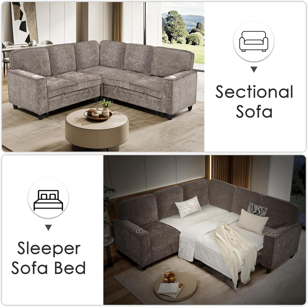  81" Sectional Sleeper Sofa with Pull Out Bed, Modular L-Shaped Chenille Couch with Storage Chaise, USB Charging Ports & Cup Holders for Living Room, Apartment, Light Brown