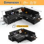 85" Modular Sectional Sleeper Sofa with Pull Out Bed, 5 Seat Chenille L Shaped Couch with USB Ports|Cup Holders|Side Table|Storage Loveseat, Tool Free Assembly,Black