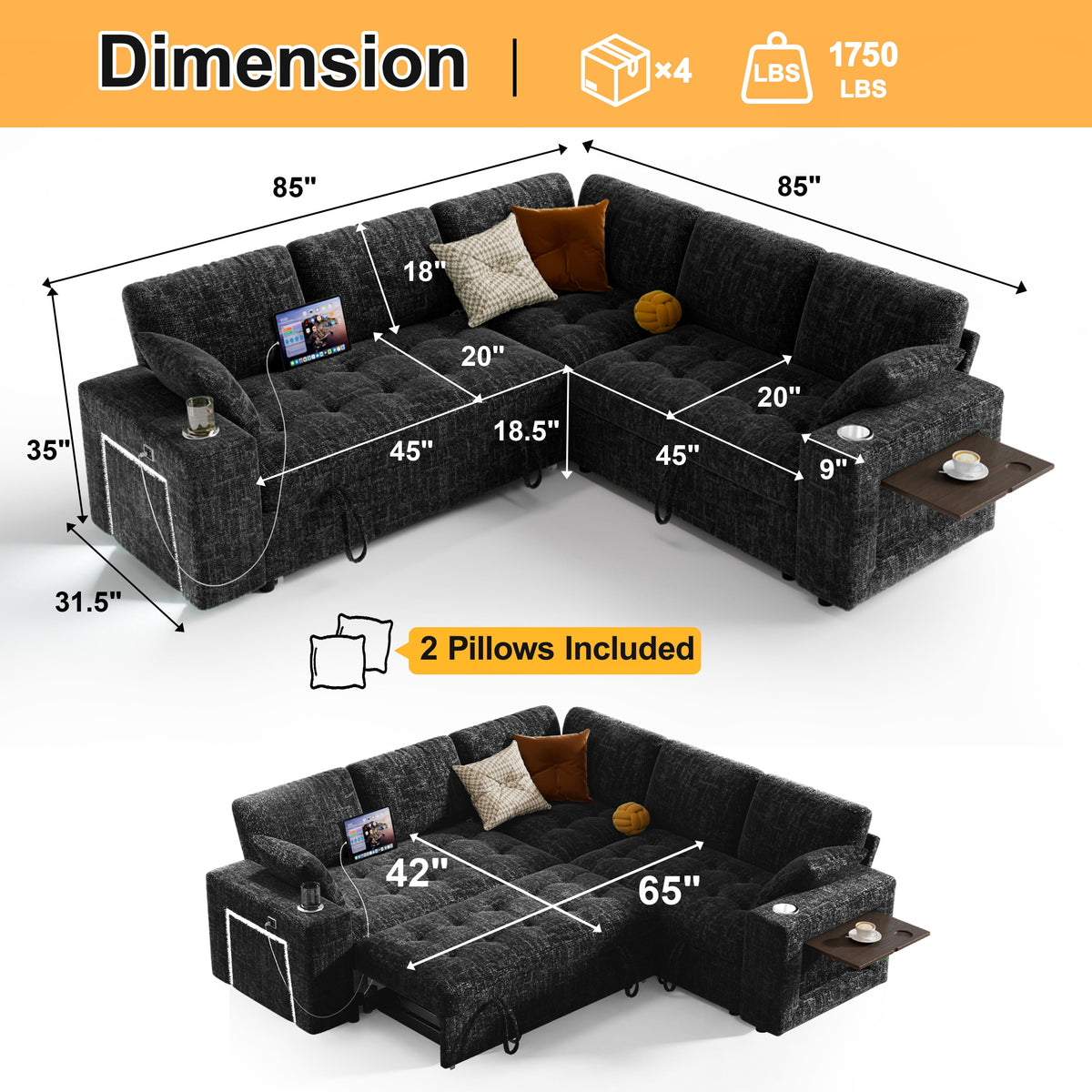 85" Modular Sectional Sleeper Sofa with Pull Out Bed, 5 Seat Chenille L Shaped Couch with USB Ports|Cup Holders|Side Table|Storage Loveseat, Tool Free Assembly,Black