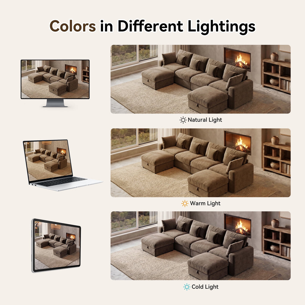  140" Large Modular Sectional Sofa with 2 Removable Storage Ottomans, Extra Deep Seat Cloud Couch for Living Room, Chenille Brown