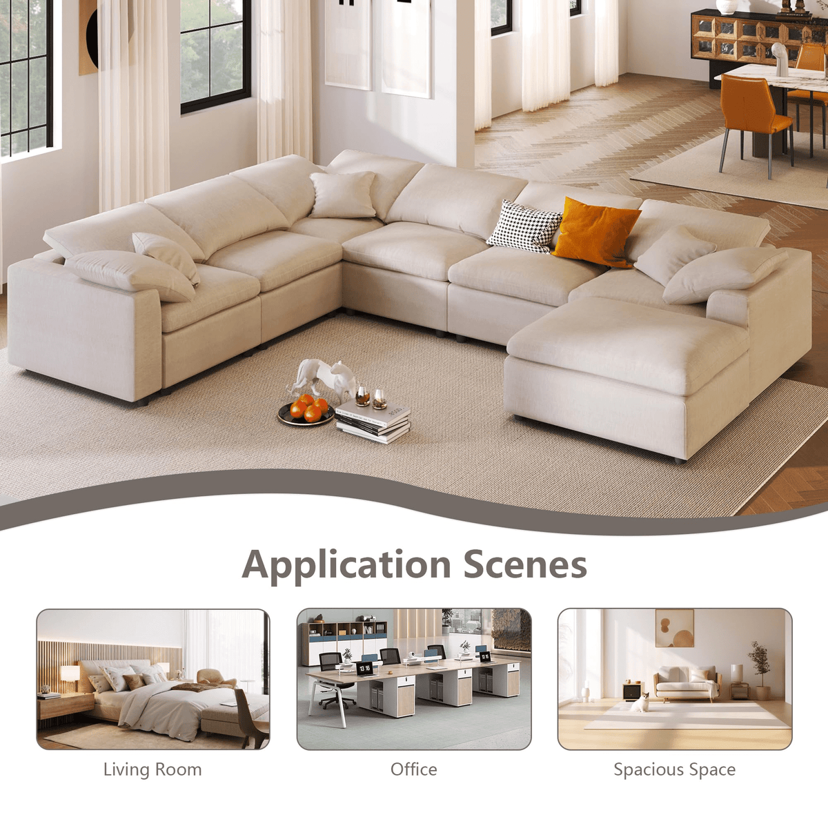 GNIXUU 7-Seater Oversized Modular Sectional Sofa Couch,Chenille Cloud Corner Sofa Modern U-Shaped Comfy Couches with Ottoman for Living Room, Office,Spacious Space,Beige