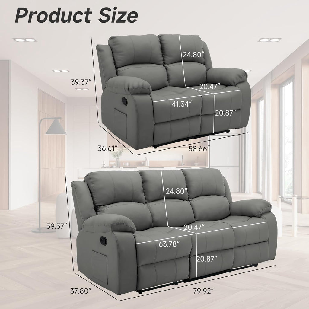 Chizzysit Reclining Couch Sleeper Sofa Set Chaise Lounge Chair Leather Recliner Couch Loveseat for Living Room, Theater Seating - Gray